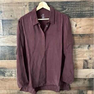 ADAY Something Luxe Button Down Merlot Small NWT Minimalist Blouse